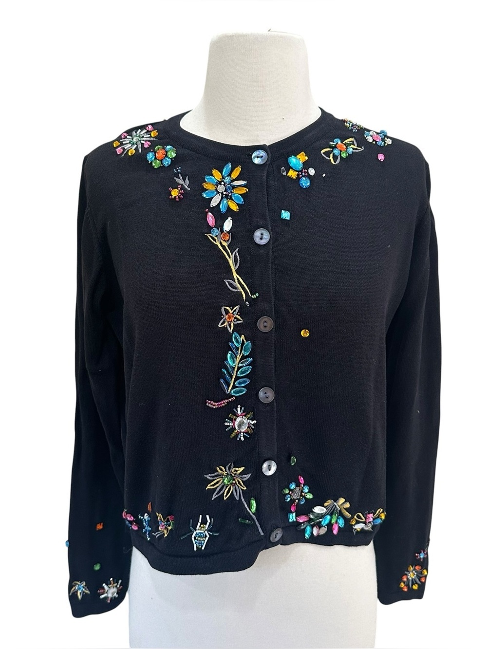 Vtg Michael Simon Black Cardigan Embroidered Floral Beaded Embellishments Large?